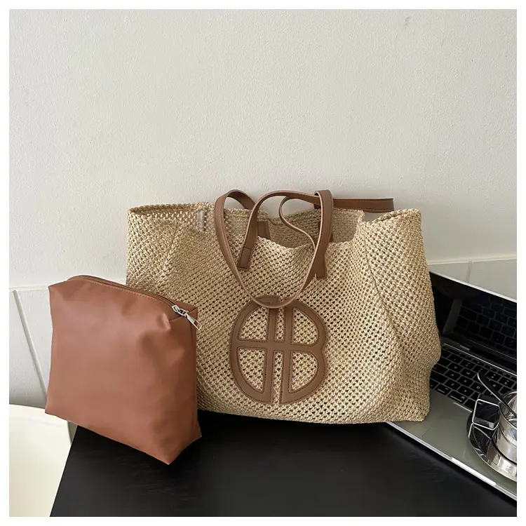 Women's Straw Bag with Logo, Beige Brown, Handbag — feature 22