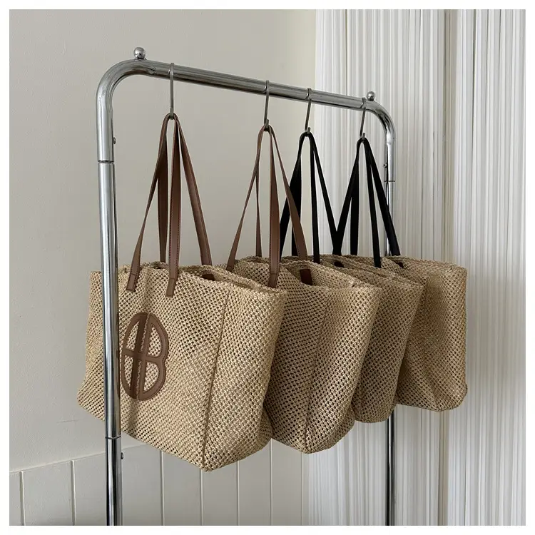 Women's Straw Bag with Logo, Beige Brown, Handbag — feature 23