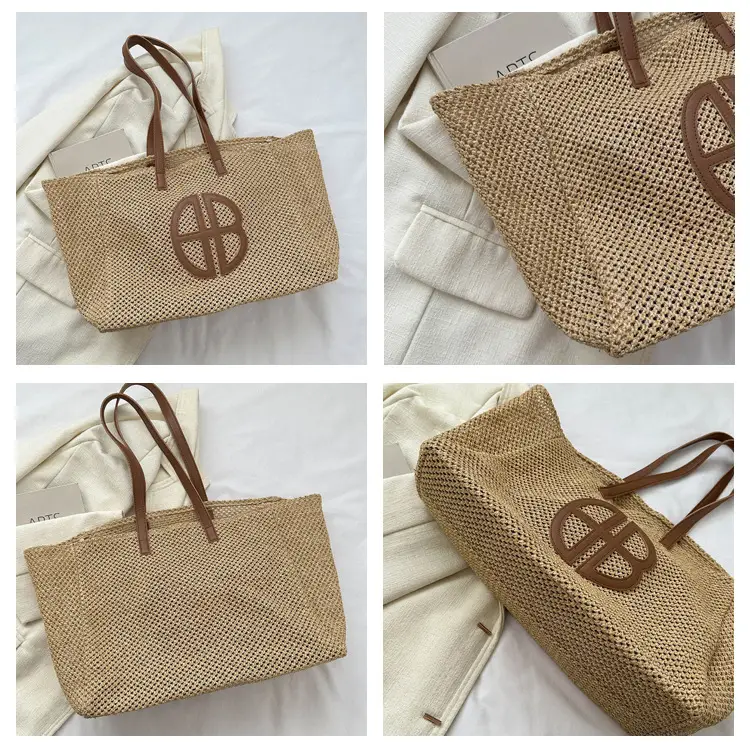 Women's Straw Bag with Logo, Beige Brown, Handbag — feature 6