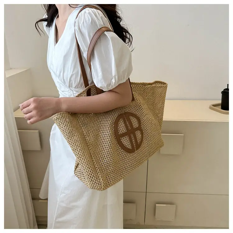 Women's Straw Bag with Logo, Beige Brown, Handbag — feature 7