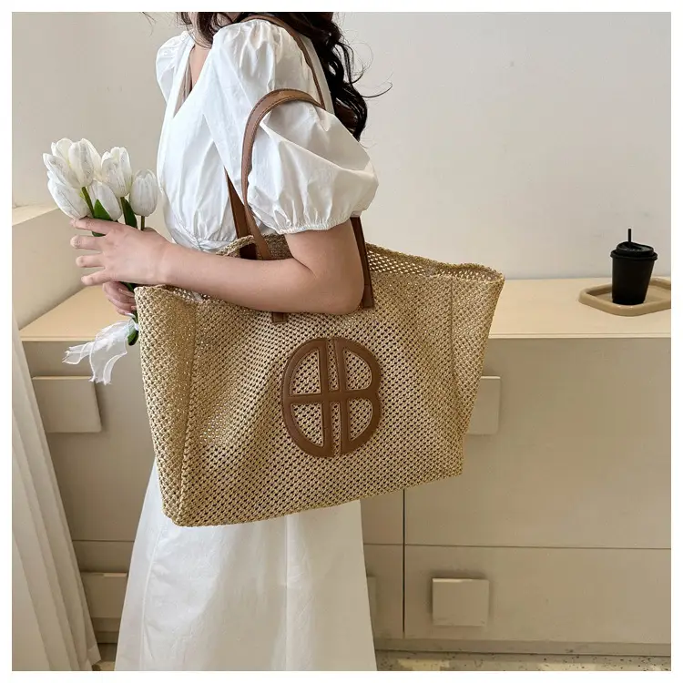 Women's Straw Bag with Logo, Beige Brown, Handbag — feature 8