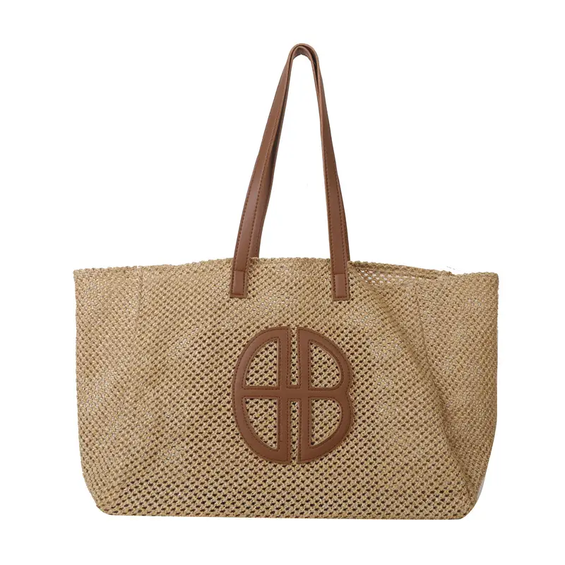 Women's Straw Bag with Logo, Beige Brown, Handbag - Image 2
