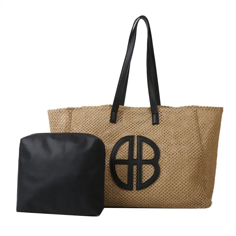Women's Straw Bag with Logo, Beige Brown, Handbag - Image 3