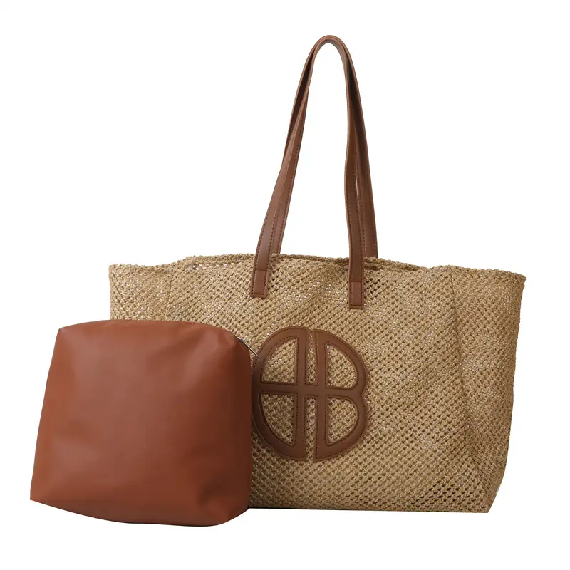 Women's Straw Bag with Logo, Beige Brown, Handbag - Image 4