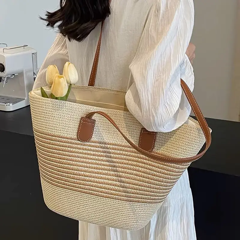 Summer Straw Commuter Bag Large Capacity Beige - Image 3