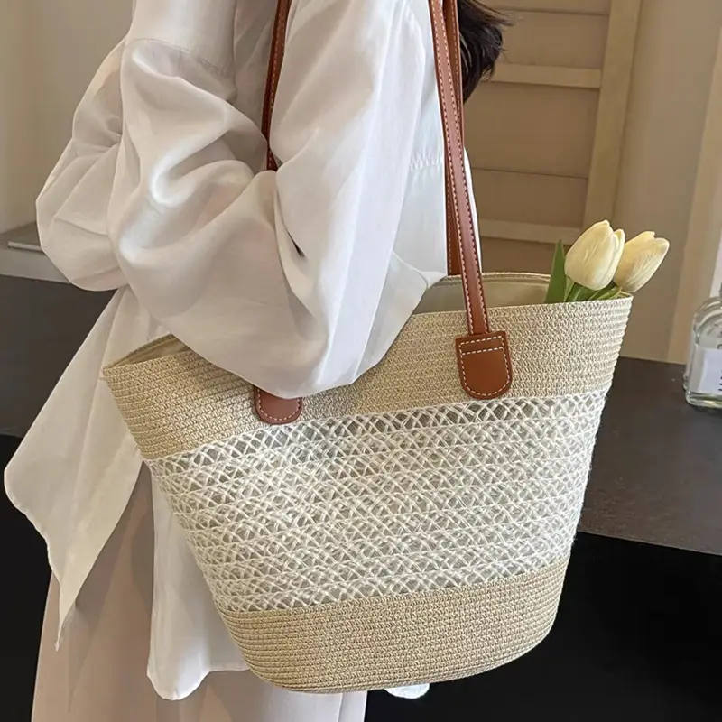 Summer Straw Commuter Bag Large Capacity Beige - Image 5
