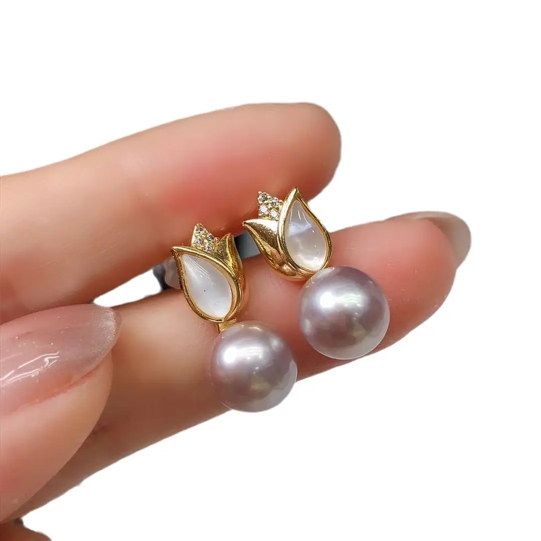 White Pearl Earrings with Black Mother of Pearl Design