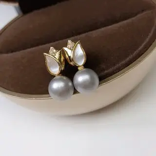 White Pearl Earrings with Black Mother of Pearl Design