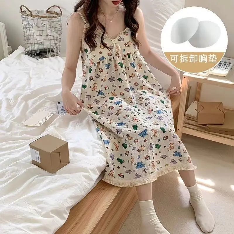 Summer Hot Style Suspender Nightgown with Breast Pads, Detachable Bubble Cotton Pajamas for Women, Loose, Sweet and Cute Home Clothes