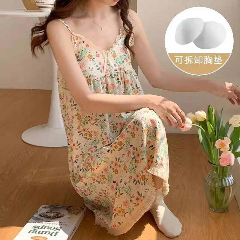 Summer Hot Style Suspender Nightgown with Breast Pads, Detachable Bubble Cotton Pajamas for Women, Loose, Sweet and Cute Home Clothes