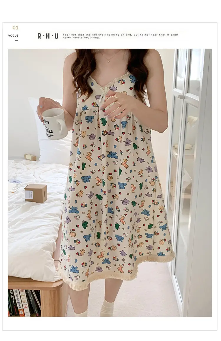 Summer Hot Style Suspender Nightgown with Breast Pads, Detachable Bubble Cotton Pajamas for Women, Loose, Sweet and Cute Home Clothes — feature 10