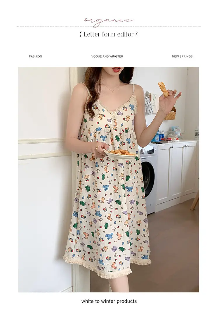 Summer Hot Style Suspender Nightgown with Breast Pads, Detachable Bubble Cotton Pajamas for Women, Loose, Sweet and Cute Home Clothes — feature 11