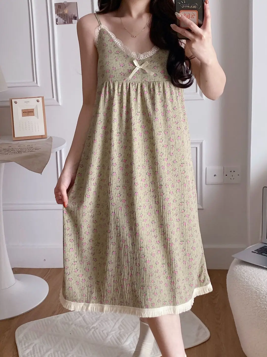 Summer Hot Style Suspender Nightgown with Breast Pads, Detachable Bubble Cotton Pajamas for Women, Loose, Sweet and Cute Home Clothes — feature 13