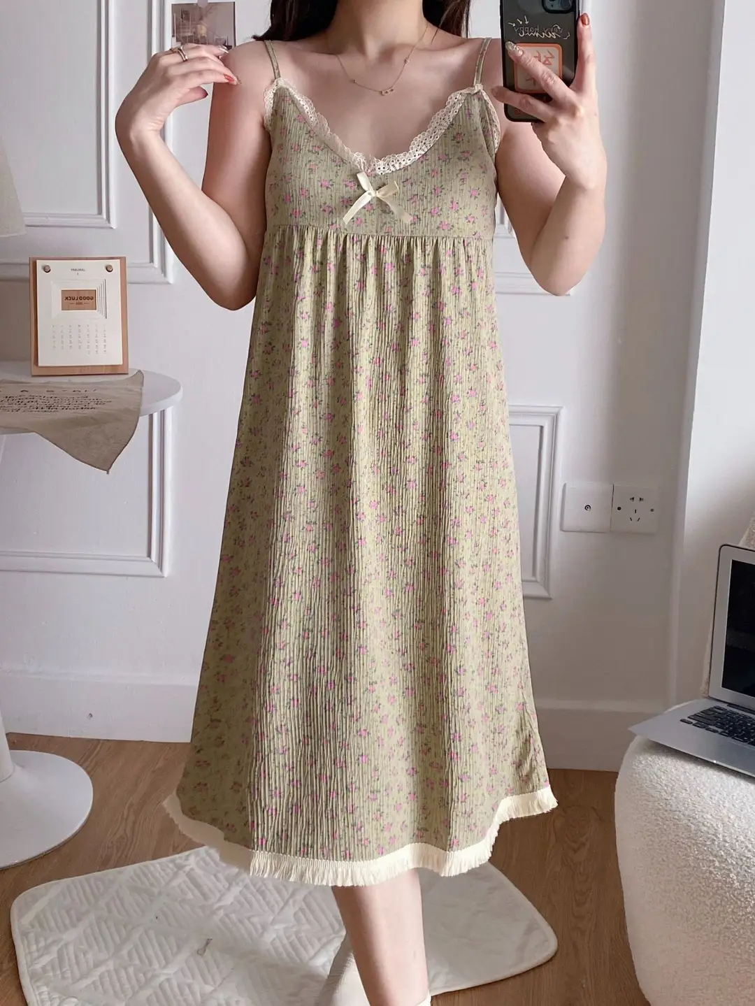 Summer Hot Style Suspender Nightgown with Breast Pads, Detachable Bubble Cotton Pajamas for Women, Loose, Sweet and Cute Home Clothes — feature 15