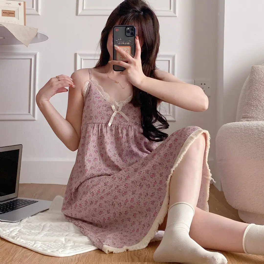Summer Hot Style Suspender Nightgown with Breast Pads, Detachable Bubble Cotton Pajamas for Women, Loose, Sweet and Cute Home Clothes — feature 18