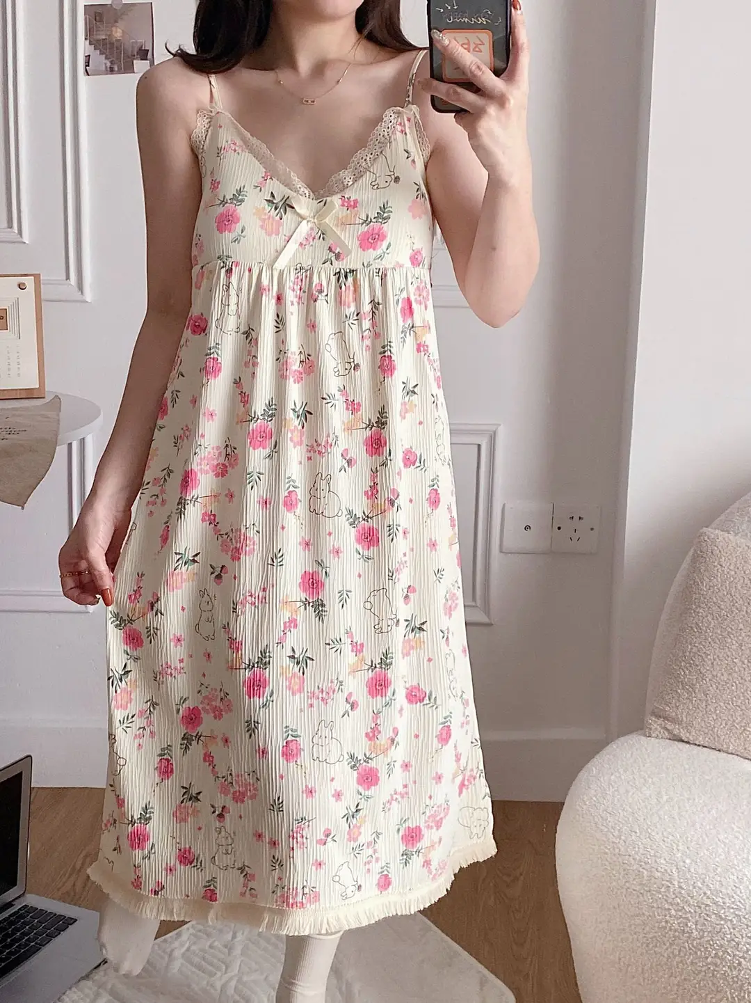 Summer Hot Style Suspender Nightgown with Breast Pads, Detachable Bubble Cotton Pajamas for Women, Loose, Sweet and Cute Home Clothes — feature 20