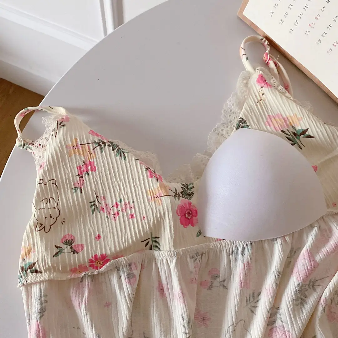 Summer Hot Style Suspender Nightgown with Breast Pads, Detachable Bubble Cotton Pajamas for Women, Loose, Sweet and Cute Home Clothes — feature 23