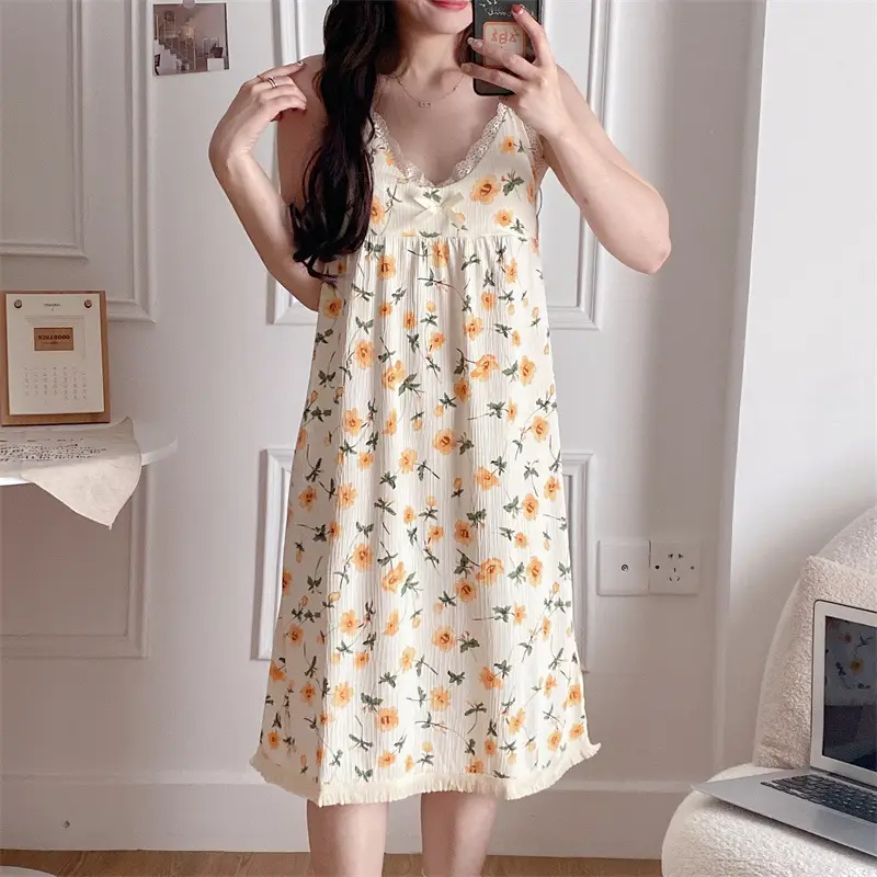 Summer Hot Style Suspender Nightgown with Breast Pads, Detachable Bubble Cotton Pajamas for Women, Loose, Sweet and Cute Home Clothes — feature 27