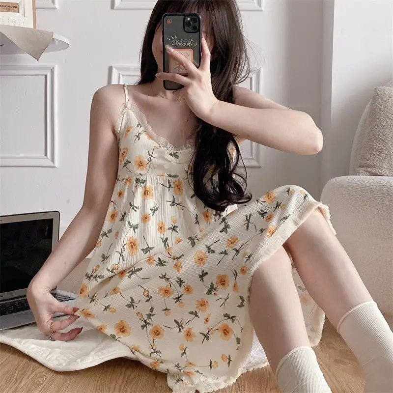 Summer Hot Style Suspender Nightgown with Breast Pads, Detachable Bubble Cotton Pajamas for Women, Loose, Sweet and Cute Home Clothes — feature 28