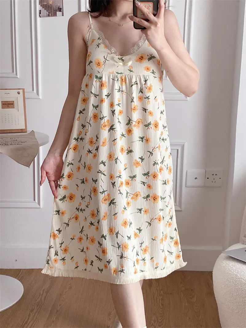 Summer Hot Style Suspender Nightgown with Breast Pads, Detachable Bubble Cotton Pajamas for Women, Loose, Sweet and Cute Home Clothes — feature 29