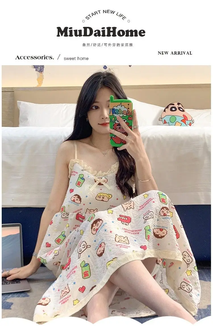 Summer Hot Style Suspender Nightgown with Breast Pads, Detachable Bubble Cotton Pajamas for Women, Loose, Sweet and Cute Home Clothes — feature 30