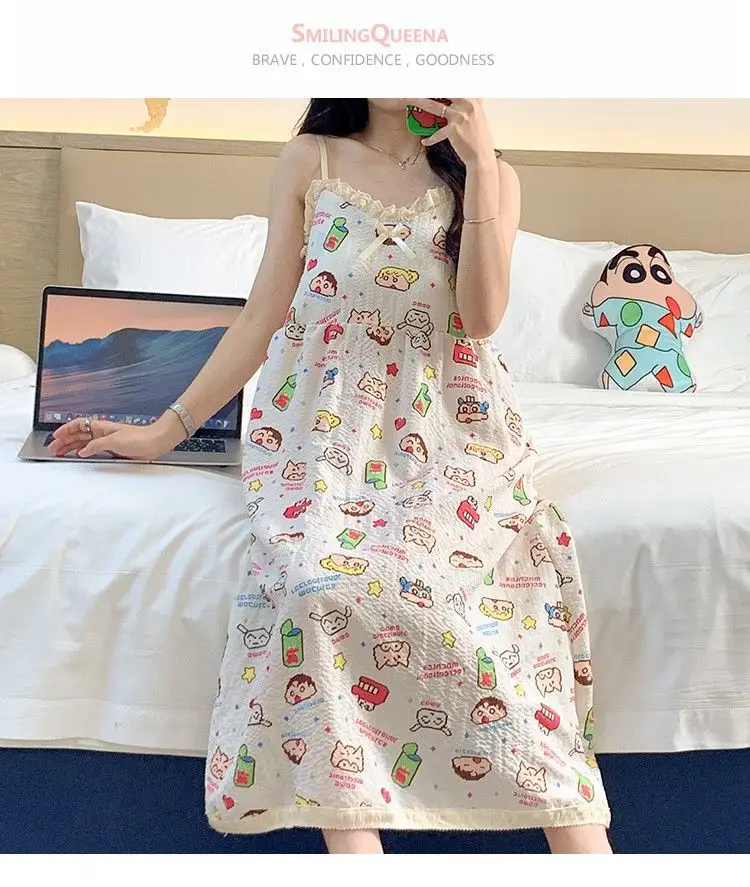 Summer Hot Style Suspender Nightgown with Breast Pads, Detachable Bubble Cotton Pajamas for Women, Loose, Sweet and Cute Home Clothes — feature 31