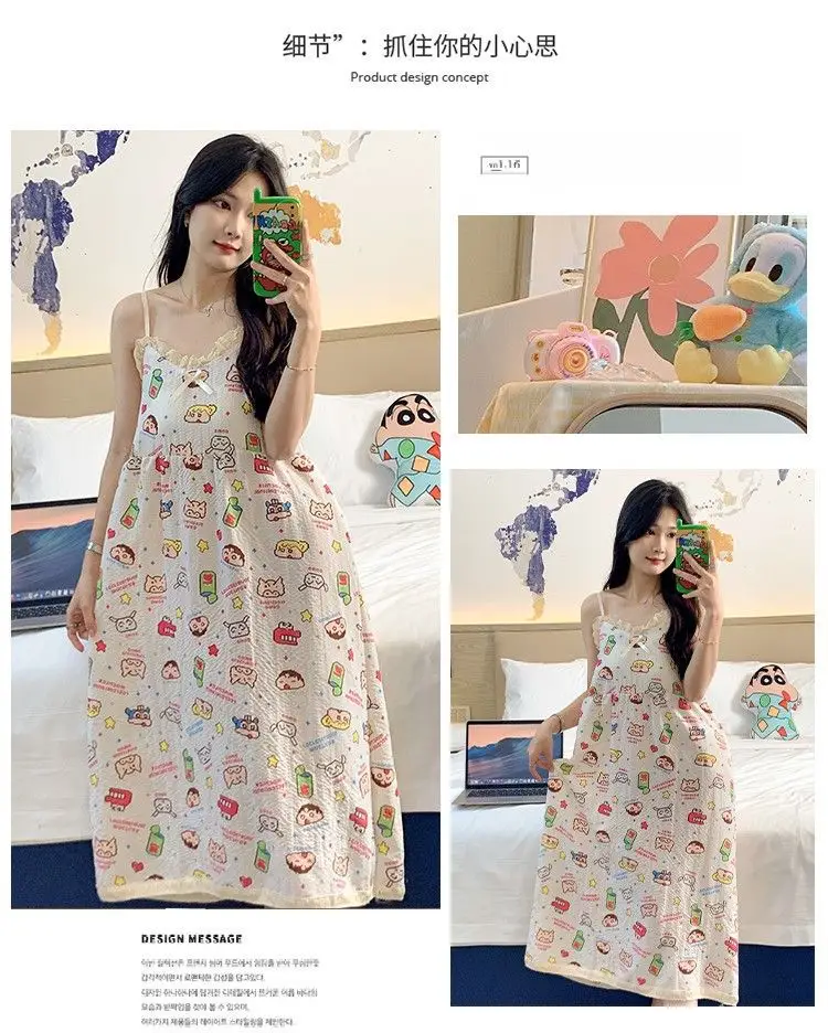Summer Hot Style Suspender Nightgown with Breast Pads, Detachable Bubble Cotton Pajamas for Women, Loose, Sweet and Cute Home Clothes — feature 32
