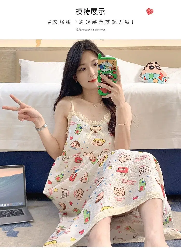 Summer Hot Style Suspender Nightgown with Breast Pads, Detachable Bubble Cotton Pajamas for Women, Loose, Sweet and Cute Home Clothes — feature 33
