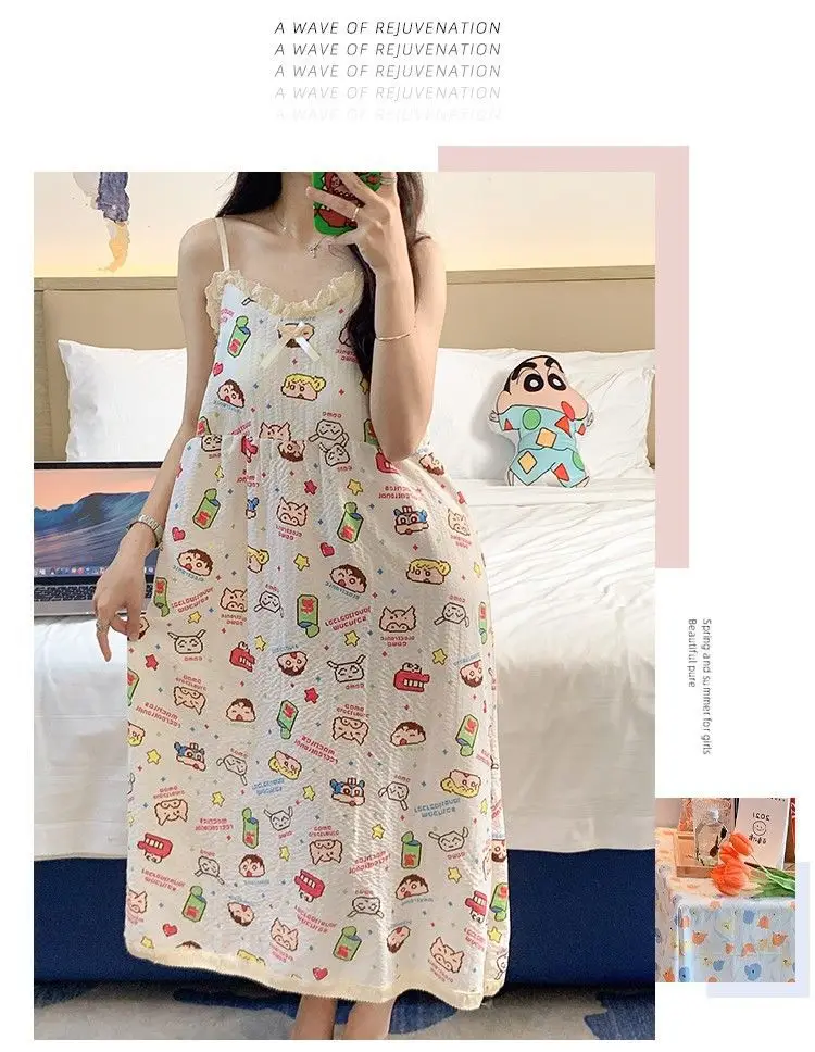 Summer Hot Style Suspender Nightgown with Breast Pads, Detachable Bubble Cotton Pajamas for Women, Loose, Sweet and Cute Home Clothes — feature 34