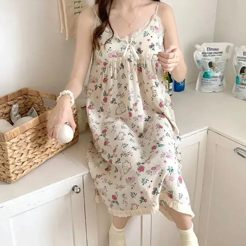 Summer Hot Style Suspender Nightgown with Breast Pads, Detachable Bubble Cotton Pajamas for Women, Loose, Sweet and Cute Home Clothes — feature 36