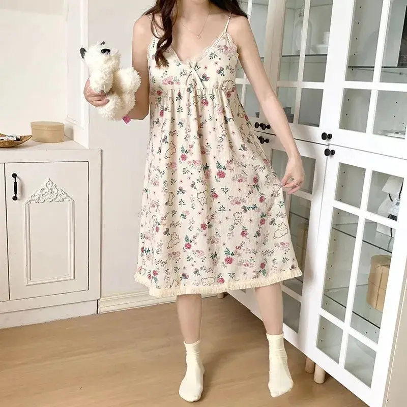 Summer Hot Style Suspender Nightgown with Breast Pads, Detachable Bubble Cotton Pajamas for Women, Loose, Sweet and Cute Home Clothes — feature 37