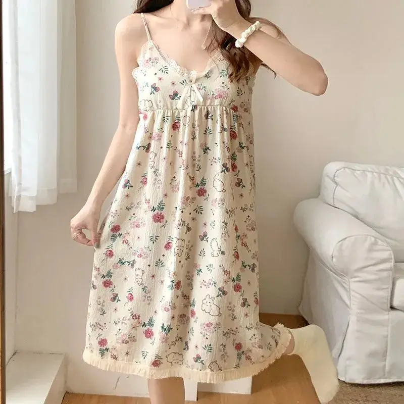 Summer Hot Style Suspender Nightgown with Breast Pads, Detachable Bubble Cotton Pajamas for Women, Loose, Sweet and Cute Home Clothes — feature 38