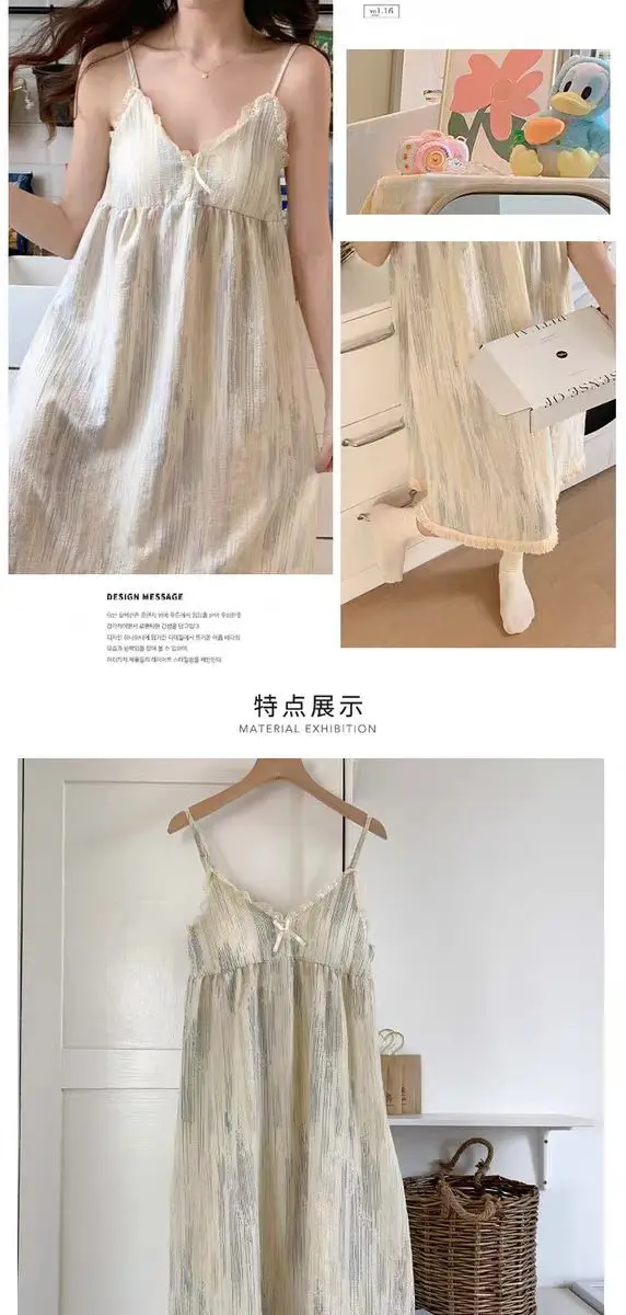 Summer Hot Style Suspender Nightgown with Breast Pads, Detachable Bubble Cotton Pajamas for Women, Loose, Sweet and Cute Home Clothes — feature 4