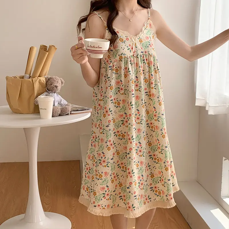 Summer Hot Style Suspender Nightgown with Breast Pads, Detachable Bubble Cotton Pajamas for Women, Loose, Sweet and Cute Home Clothes — feature 41
