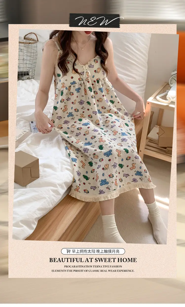 Summer Hot Style Suspender Nightgown with Breast Pads, Detachable Bubble Cotton Pajamas for Women, Loose, Sweet and Cute Home Clothes — feature 7