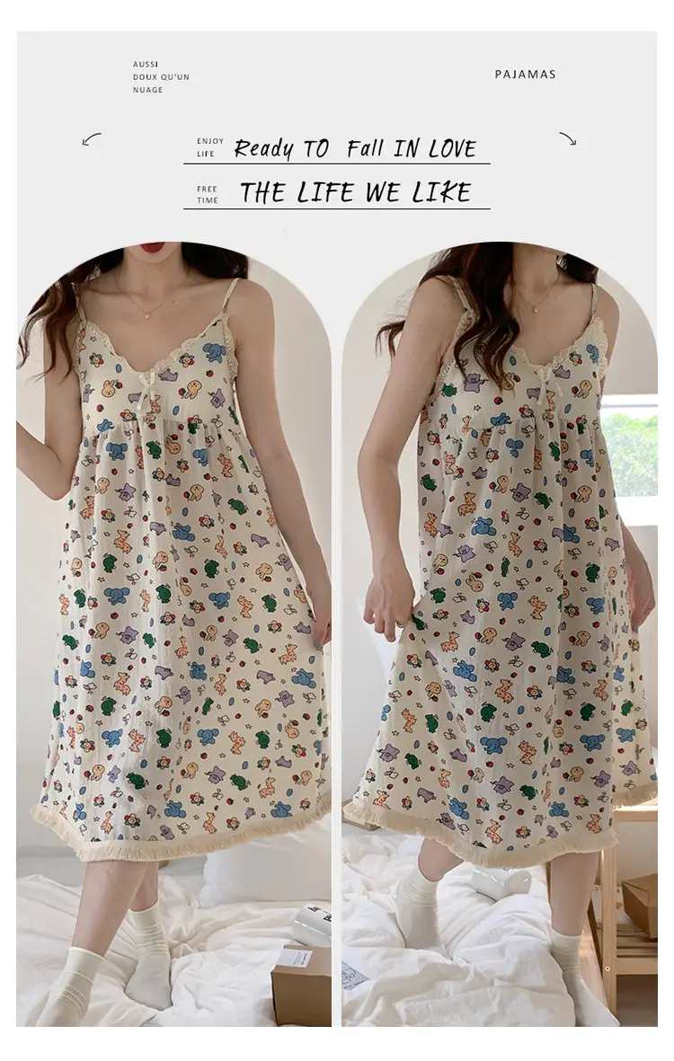 Summer Hot Style Suspender Nightgown with Breast Pads, Detachable Bubble Cotton Pajamas for Women, Loose, Sweet and Cute Home Clothes — feature 8