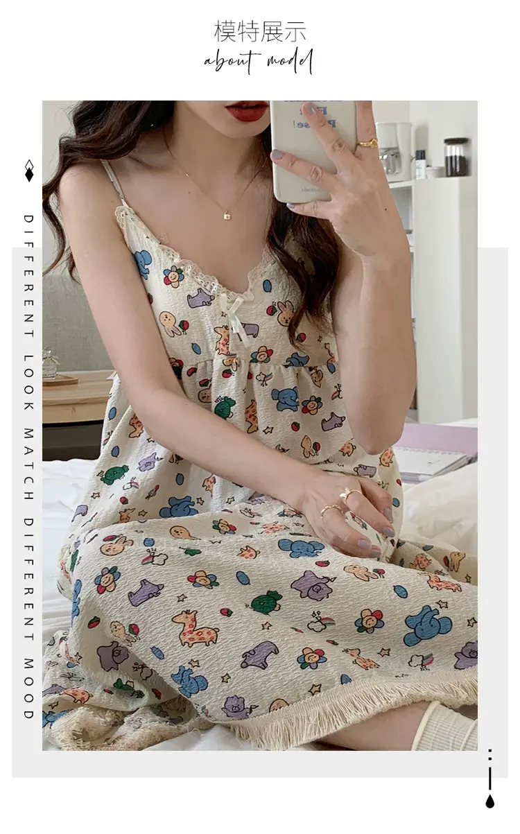 Summer Hot Style Suspender Nightgown with Breast Pads, Detachable Bubble Cotton Pajamas for Women, Loose, Sweet and Cute Home Clothes — feature 9