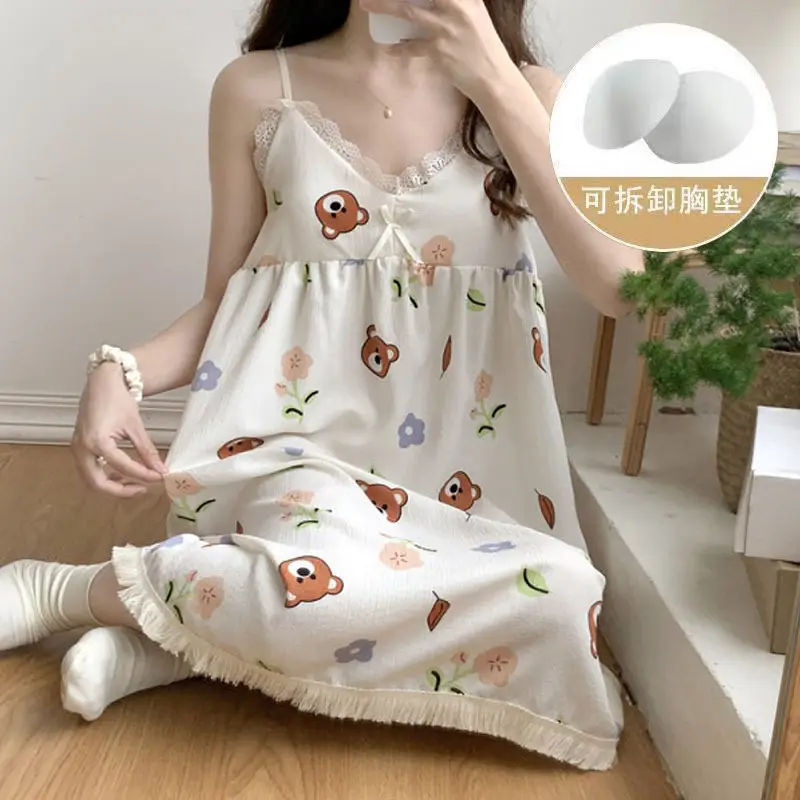 Summer Hot Style Suspender Nightgown with Breast Pads, Detachable Bubble Cotton Pajamas for Women, Loose, Sweet and Cute Home Clothes