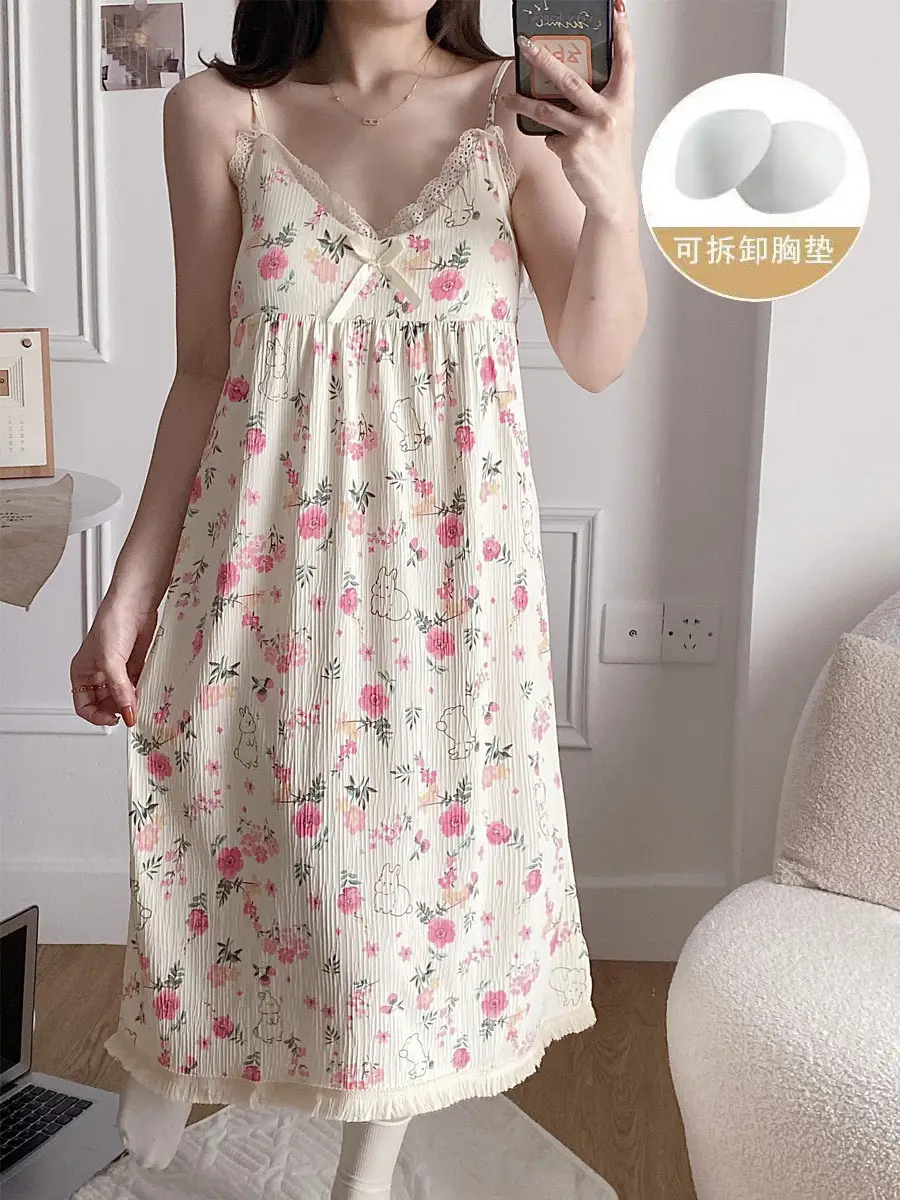 Summer Hot Style Suspender Nightgown with Breast Pads, Detachable Bubble Cotton Pajamas for Women, Loose, Sweet and Cute Home Clothes