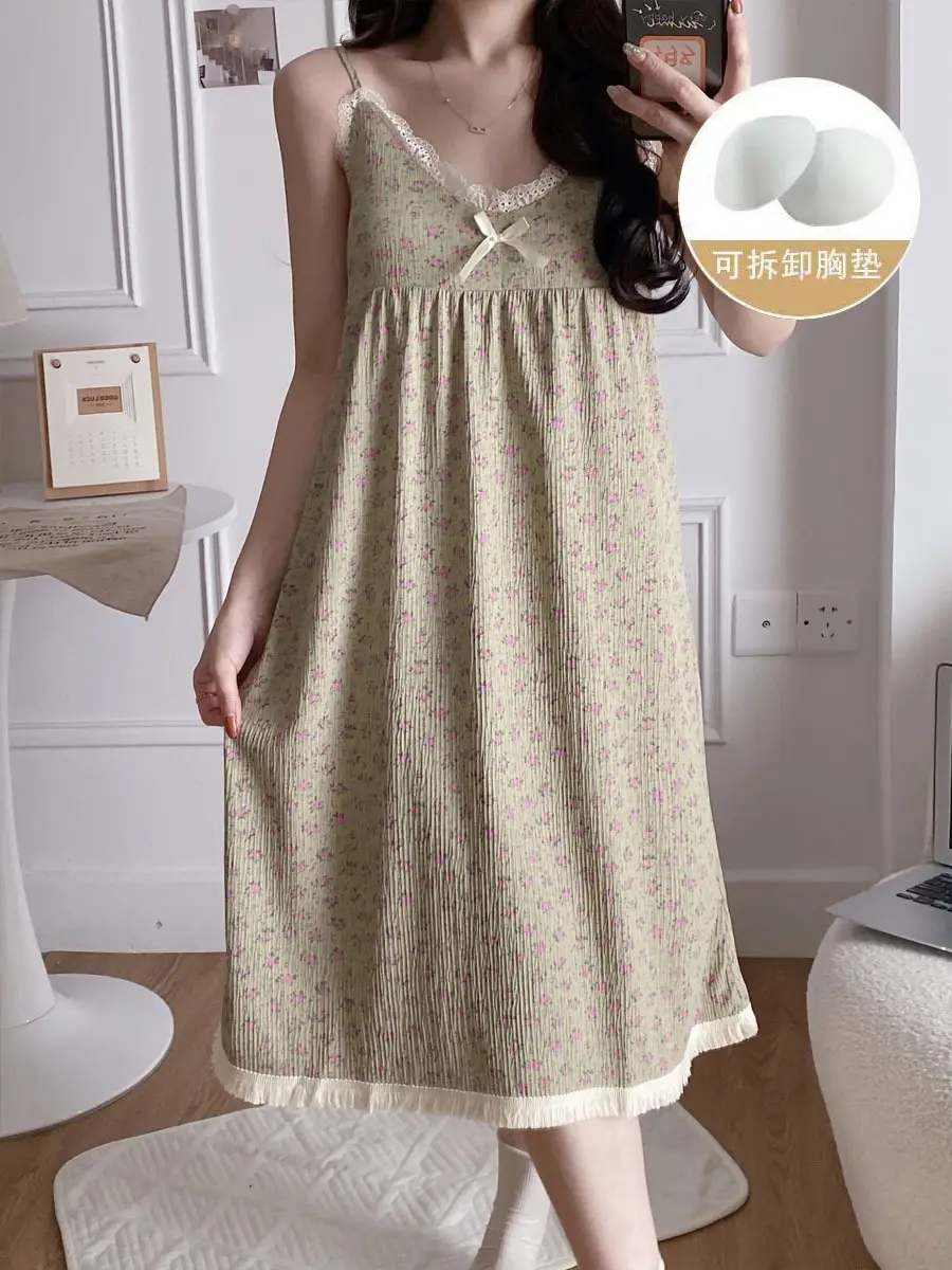 Summer Hot Style Suspender Nightgown with Breast Pads, Detachable Bubble Cotton Pajamas for Women, Loose, Sweet and Cute Home Clothes