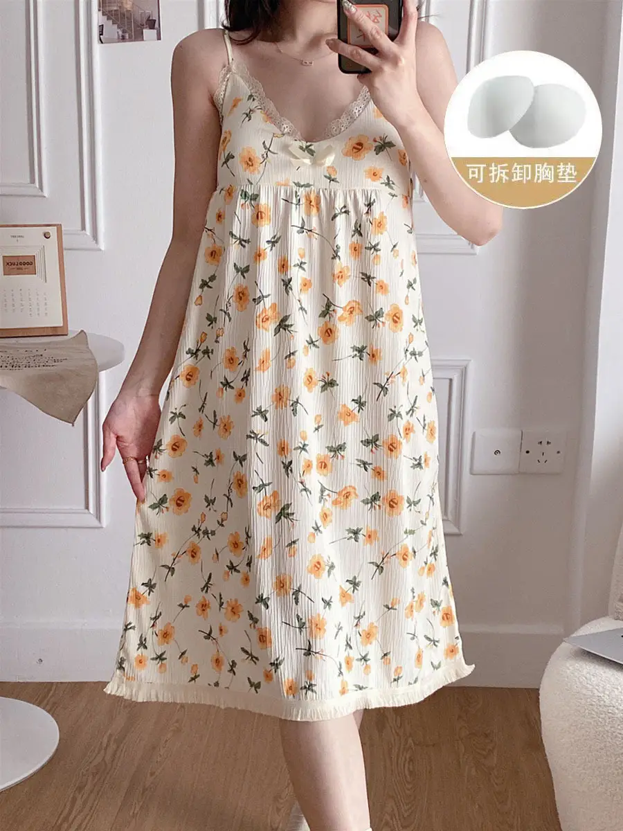 Summer Hot Style Suspender Nightgown with Breast Pads, Detachable Bubble Cotton Pajamas for Women, Loose, Sweet and Cute Home Clothes