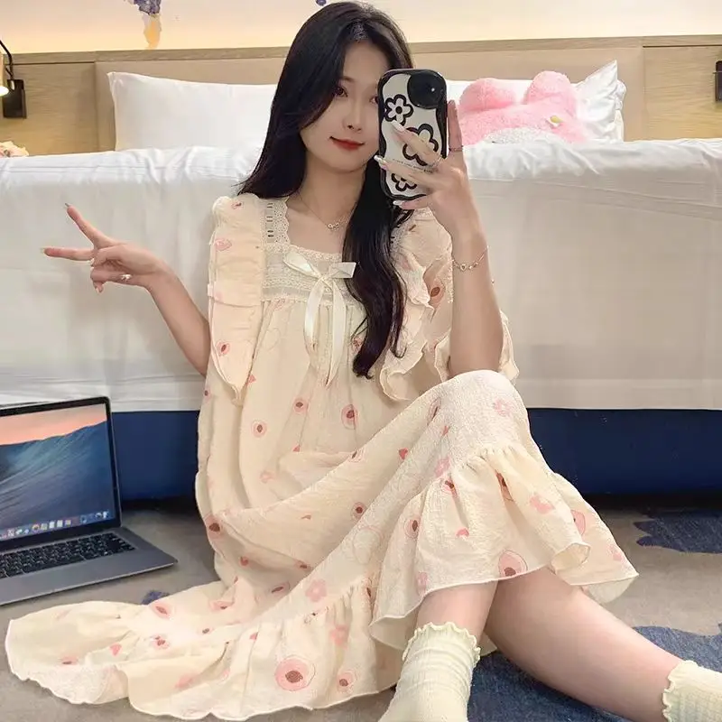 Summer Hot Style Suspender Nightgown with Breast Pads, Detachable Bubble Cotton Pajamas for Women, Loose, Sweet and Cute Home Clothes