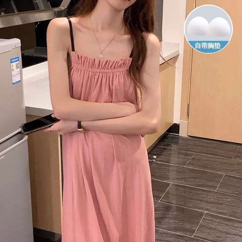 Summer Hot Style Suspender Nightgown with Breast Pads, Detachable Bubble Cotton Pajamas for Women, Loose, Sweet and Cute Home Clothes