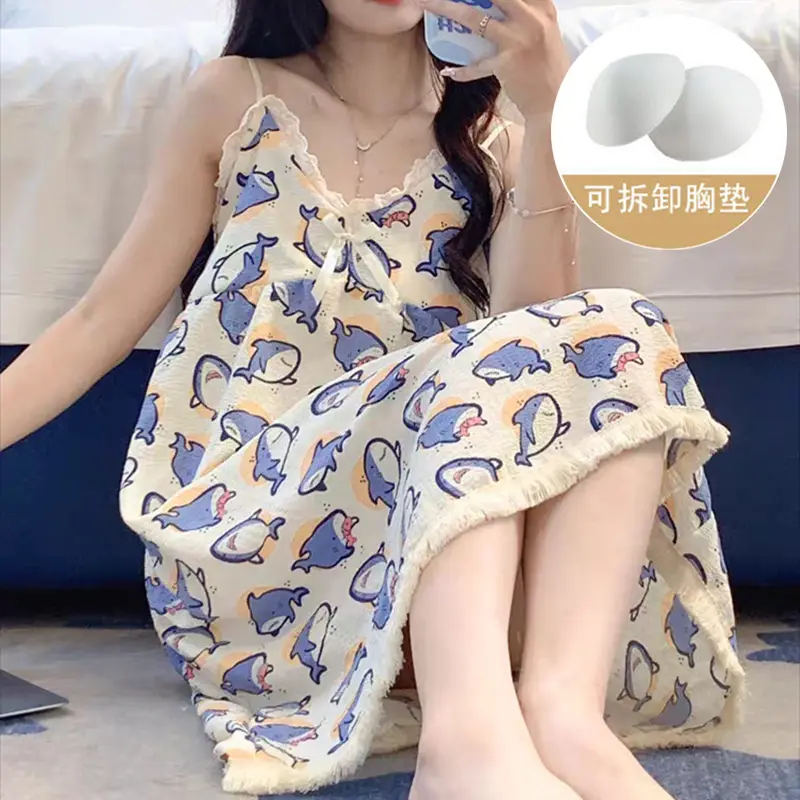 Summer Hot Style Suspender Nightgown with Breast Pads, Detachable Bubble Cotton Pajamas for Women, Loose, Sweet and Cute Home Clothes