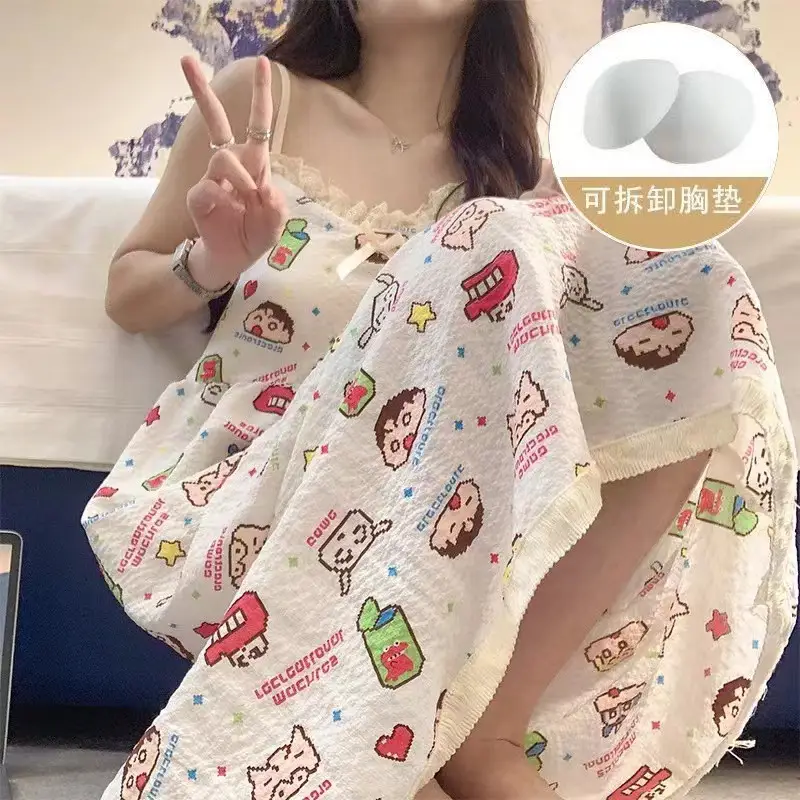 Summer Hot Style Suspender Nightgown with Breast Pads, Detachable Bubble Cotton Pajamas for Women, Loose, Sweet and Cute Home Clothes