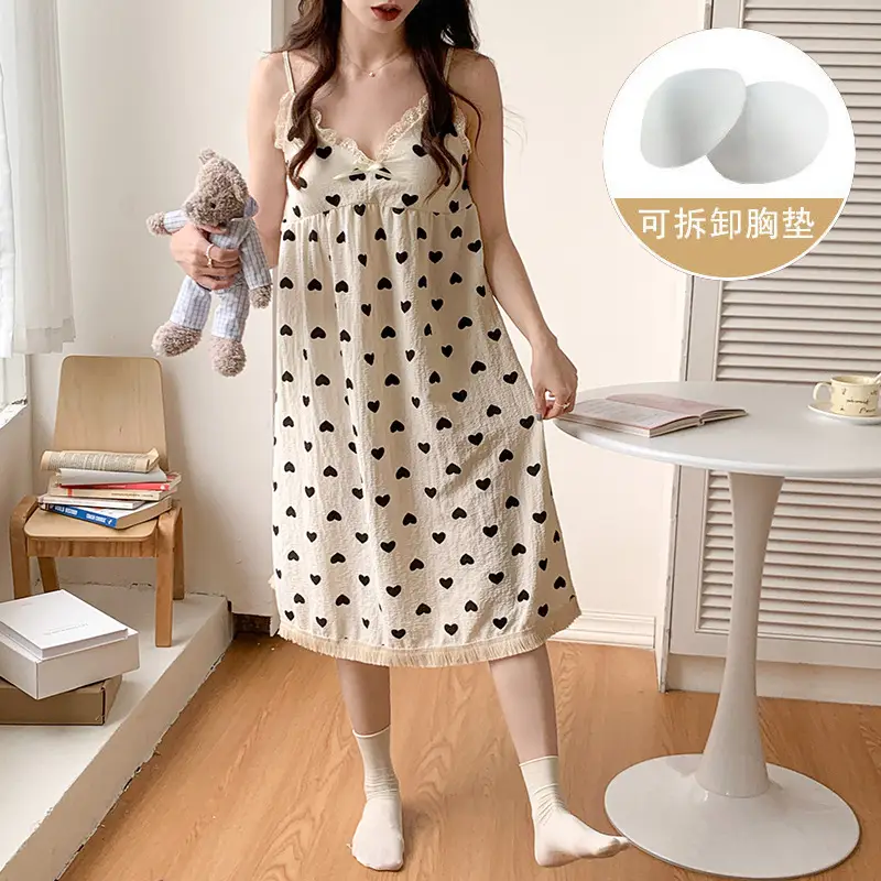 Summer Hot Style Suspender Nightgown with Breast Pads, Detachable Bubble Cotton Pajamas for Women, Loose, Sweet and Cute Home Clothes