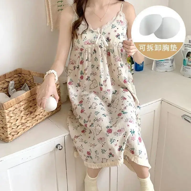 Summer Hot Style Suspender Nightgown with Breast Pads, Detachable Bubble Cotton Pajamas for Women, Loose, Sweet and Cute Home Clothes