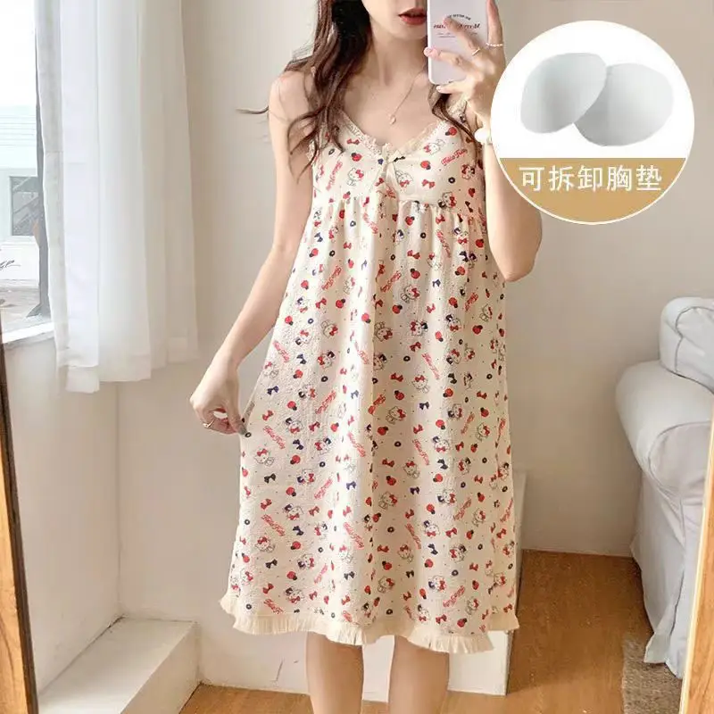 Summer Hot Style Suspender Nightgown with Breast Pads, Detachable Bubble Cotton Pajamas for Women, Loose, Sweet and Cute Home Clothes