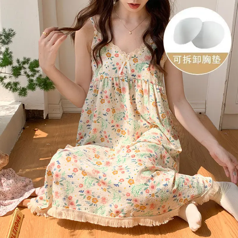 Summer Hot Style Suspender Nightgown with Breast Pads, Detachable Bubble Cotton Pajamas for Women, Loose, Sweet and Cute Home Clothes