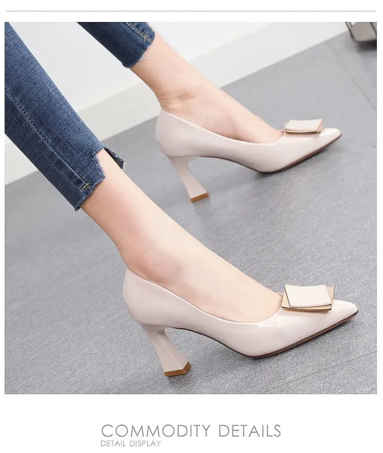 Women's high heels 2024 spring new elegant soft leather non-wear pointed all-match French square buckle small heel shoes — feature 9